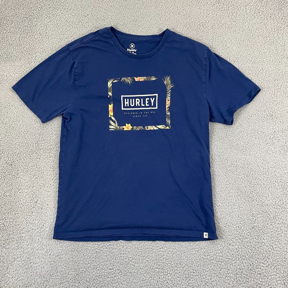 Hurley  Classic Crew Neck Graphic T-Shirt L Blue Palm Tree Beach Short Sleeve